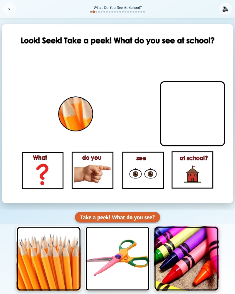 What Do You See At School? interactive digital adapted book — a peek-and-guess riddle page with core-word symbol cards