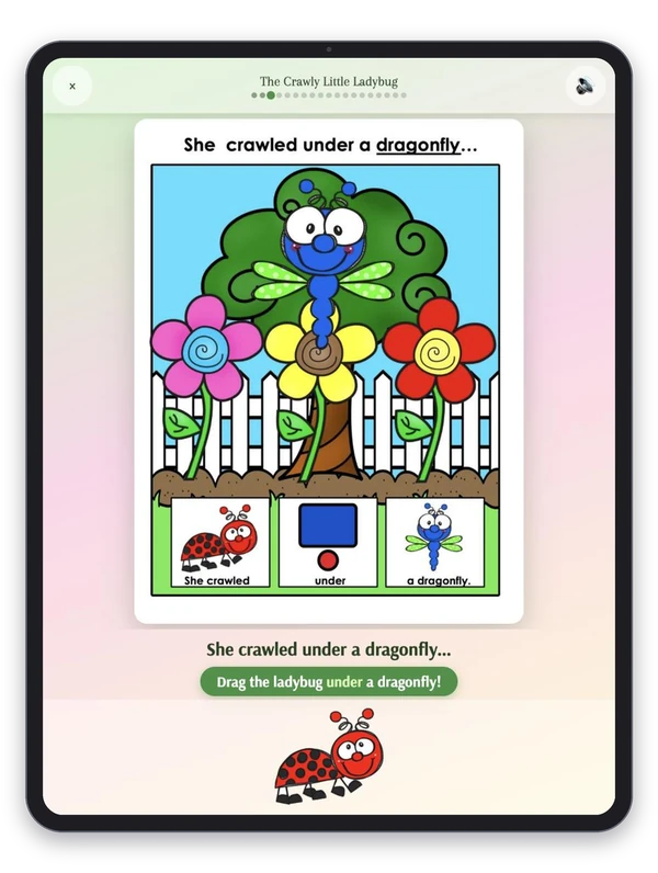 The Crawly Little Ladybug digital adapted book open on a tablet, showing the interactive touch-and-drag book in the AdaptedBooks player